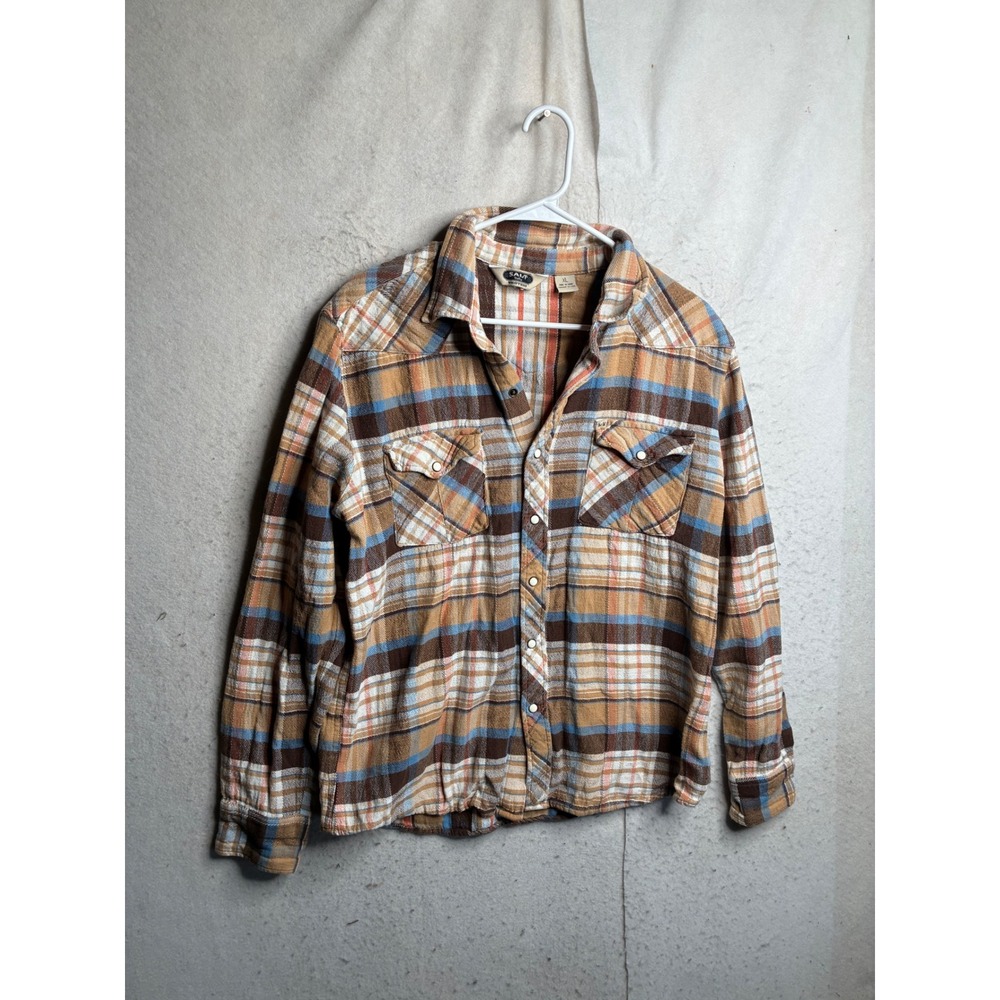 Salt Valley Western Mens XL Plaid Pearl Snap Long Sleeve Flannel Shirt Tan Blue